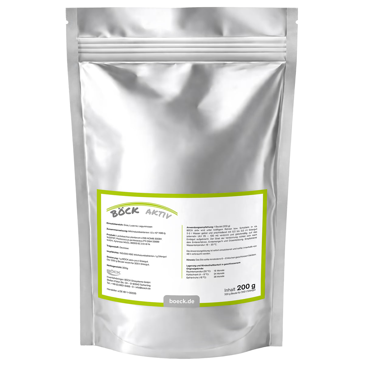 Produktabbildung eines Beutels BÖCK aktiv Siliermittel im 200g Alubeutel
