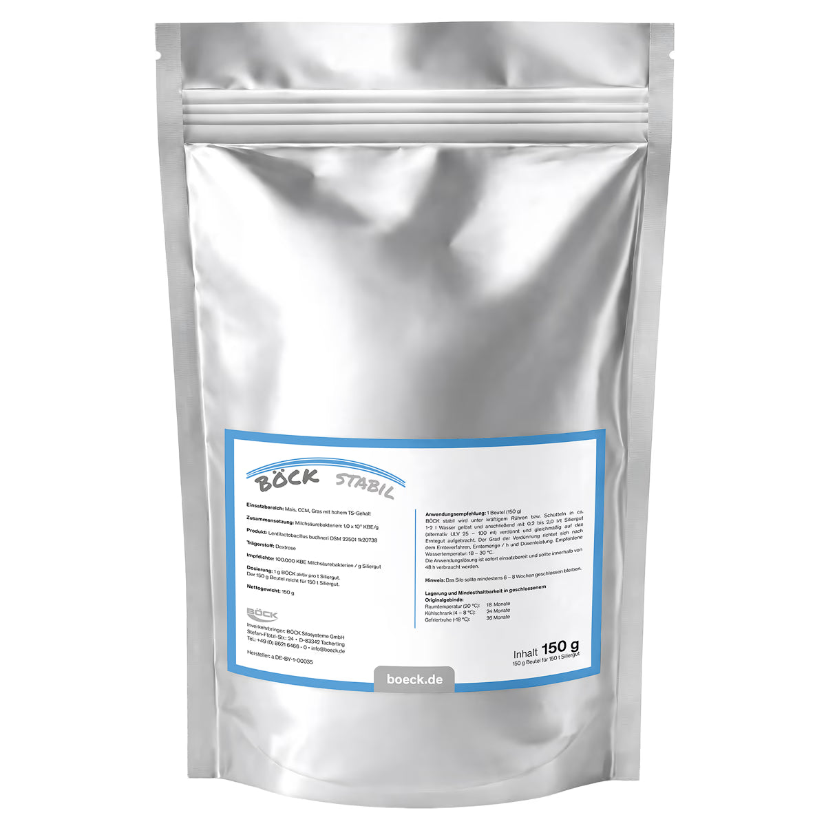 Produktabbildung eines Beutels BÖCK stabil Siliermittel im 150g Alubeutel