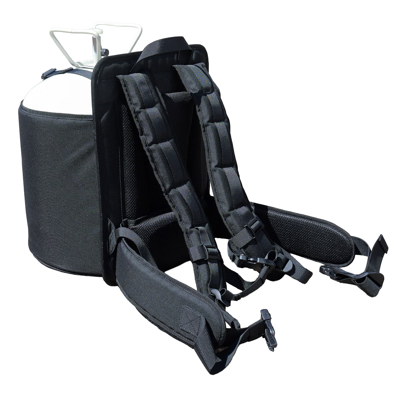 V12 Sprühkleber Rucksack mit Gallone von hinten – ergonomische Lastverteilung beim Silofolie verkleben