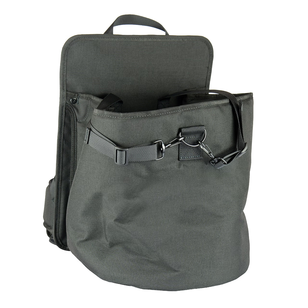 BÖCK V12 Sprühkleber Rucksack geöffnet – passgenauer Innenraum mit Sicherungsgurten für 22-Liter-Druckbehälter 