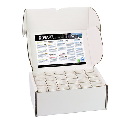 Geöffnete NOVABOL Box mit Übersichtsposter aller Boli-Sorten und einzeln verpackten Kuhboli für Milchkühe