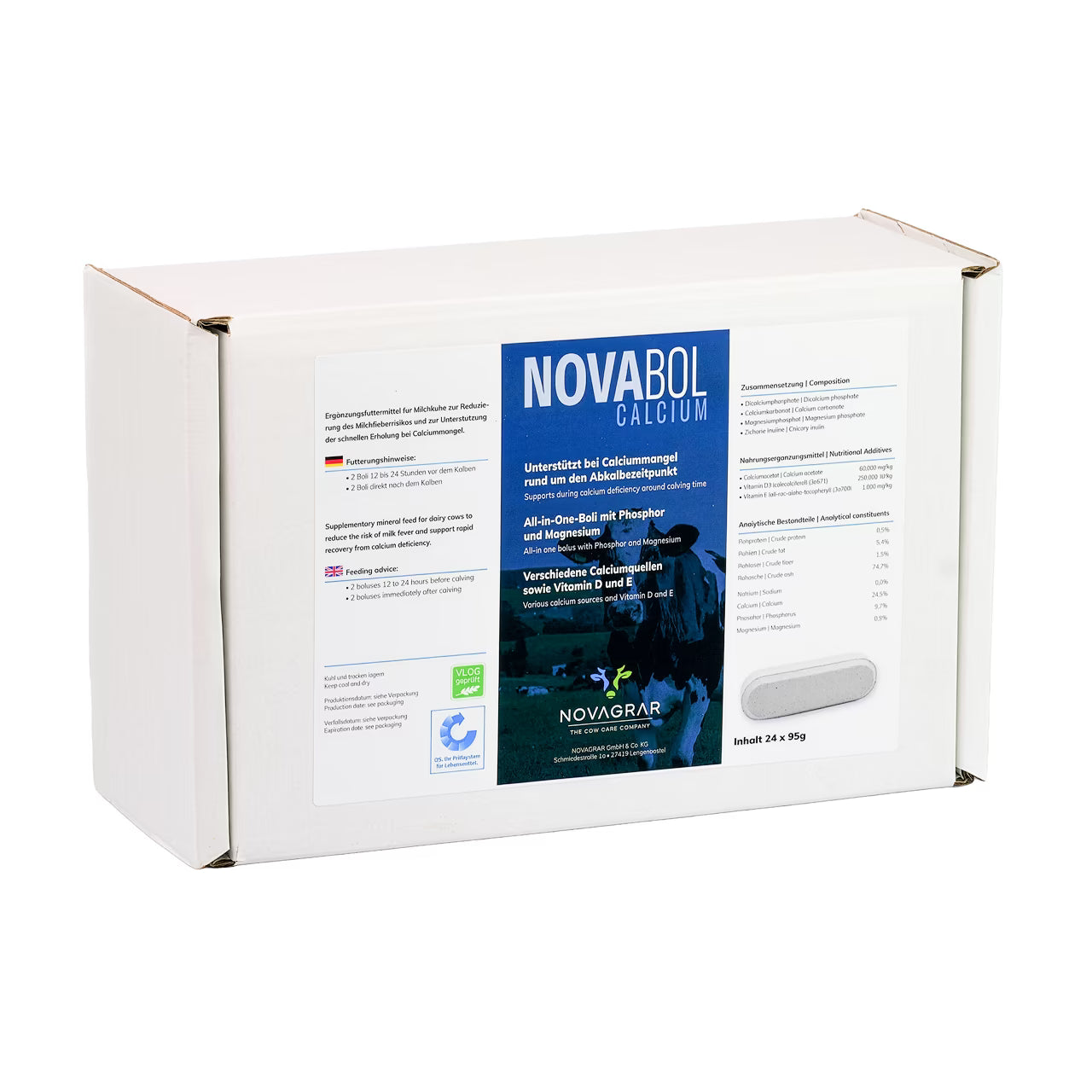 NOVABOL Calcium Kuhbolus Verpackung, Ergänzungsfuttermittel für Milchkühe bei Calciummangel rund um die Abkalbung, 24 x 95 g