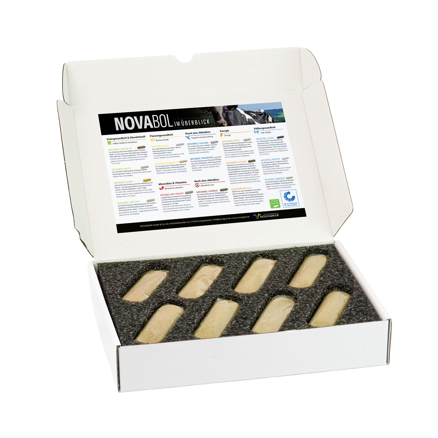 Geöffnete NOVABOL X-Tone Box mit Übersichtsposter und 8 Kuhboli im Schaumstoff-Einsatz