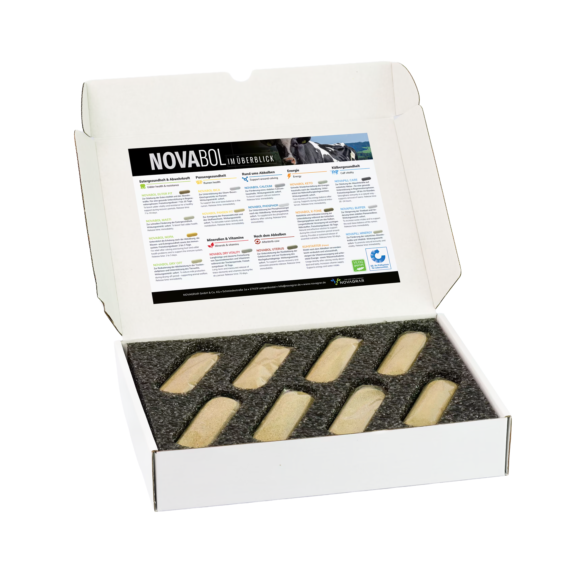 Geöffnete NOVABOL X-Tone Box mit Übersichtsposter und 8 Kuhboli im Schaumstoff-Einsatz