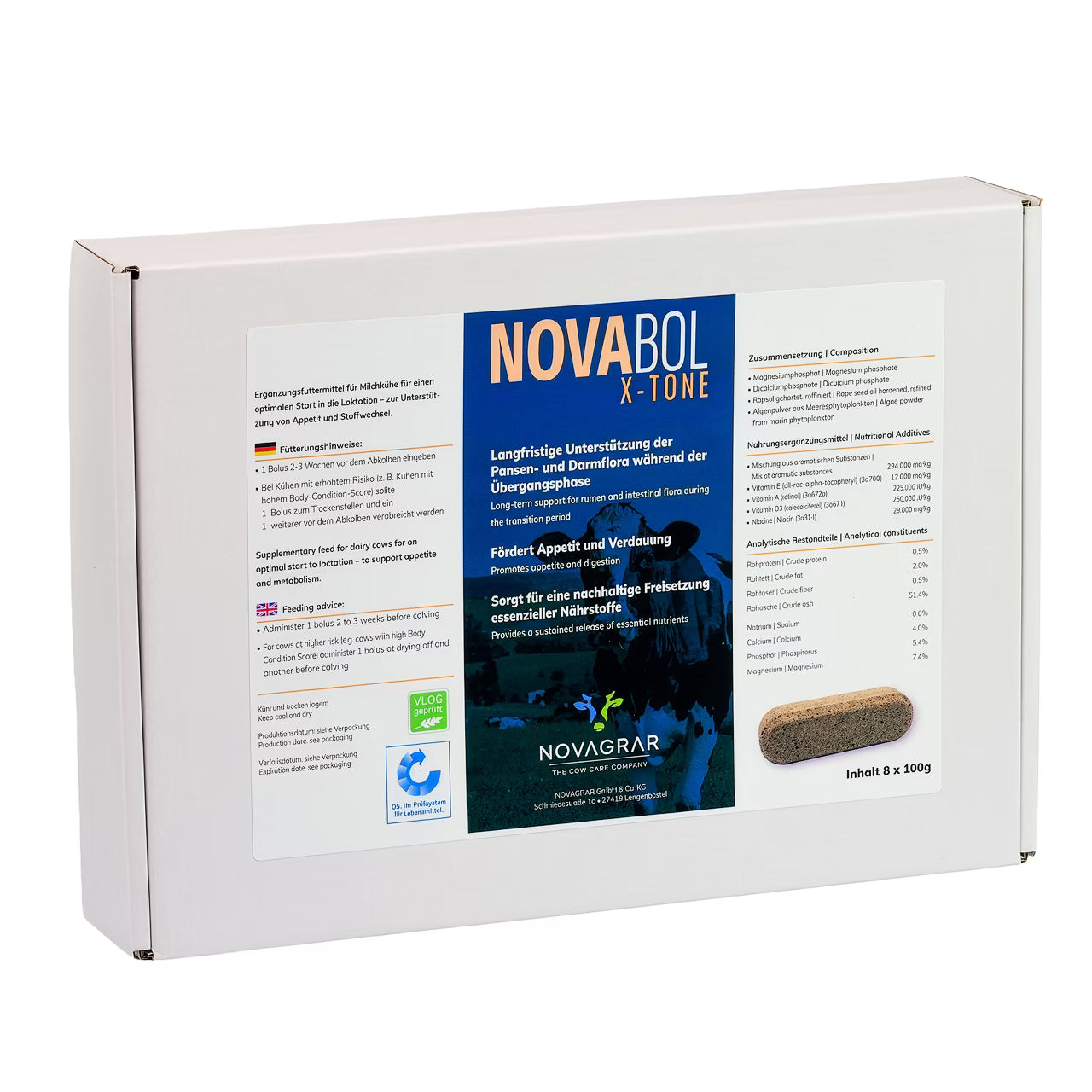 NOVABOL X-Tone Kuhbolus Verpackung. Wirkt unterstützend auf die Pansen- und Darmflora in der Übergangsphase, 8 x 100 g