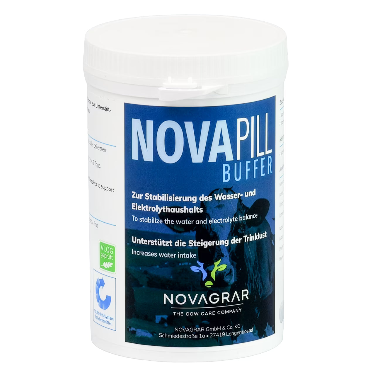 NOVAPILL Buffer Kälberpille Dose. Stabilisiert Wasser- und Elektrolythaushalt und fördert die Trinklust bei Kälbern